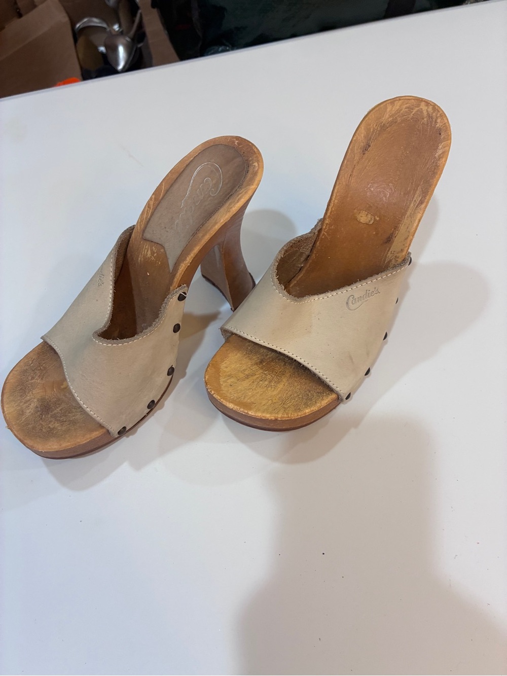 Vintage Candie’s Marilyn Wooden Clogs, White Leather , Size 8 , EU39